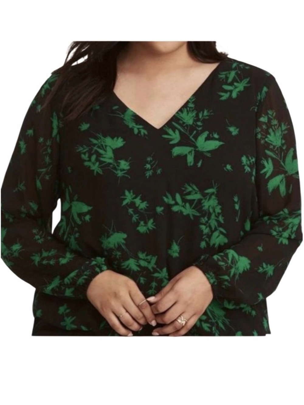 torrid Black V-Neck Blouse Green Botanical Print Women’s 10 Chiffon Long Slvs